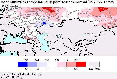 Russian Federation Mean Minimum Temperature Departure from Normal (USAF 557th WW) Thematic Map For 9/4/2023 - 9/10/2023