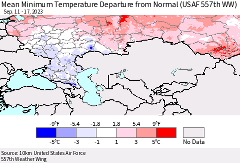 Russian Federation Mean Minimum Temperature Departure from Normal (USAF 557th WW) Thematic Map For 9/11/2023 - 9/17/2023