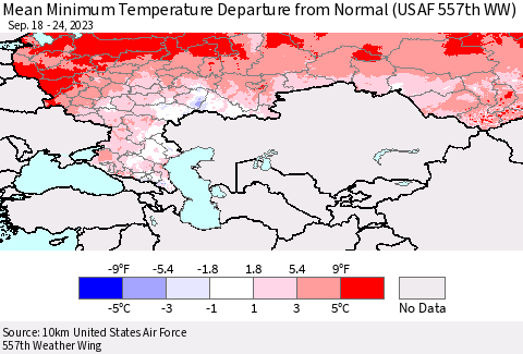 Russian Federation Mean Minimum Temperature Departure from Normal (USAF 557th WW) Thematic Map For 9/18/2023 - 9/24/2023