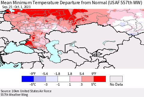 Russian Federation Mean Minimum Temperature Departure from Normal (USAF 557th WW) Thematic Map For 9/25/2023 - 10/1/2023