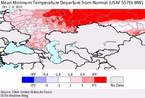 Russian Federation Mean Minimum Temperature Departure from Normal (USAF 557th WW) Thematic Map For 10/2/2023 - 10/8/2023