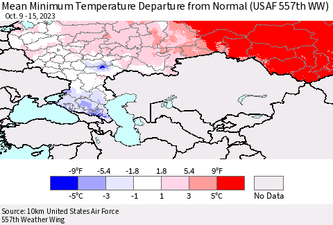 Russian Federation Mean Minimum Temperature Departure from Normal (USAF 557th WW) Thematic Map For 10/9/2023 - 10/15/2023