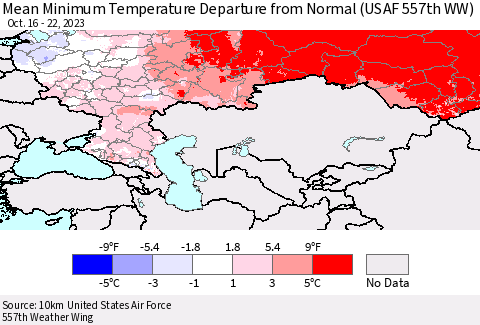 Russian Federation Mean Minimum Temperature Departure from Normal (USAF 557th WW) Thematic Map For 10/16/2023 - 10/22/2023