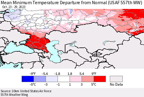 Russian Federation Mean Minimum Temperature Departure from Normal (USAF 557th WW) Thematic Map For 10/23/2023 - 10/29/2023