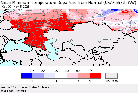 Russian Federation Mean Minimum Temperature Departure from Normal (USAF 557th WW) Thematic Map For 10/30/2023 - 11/5/2023