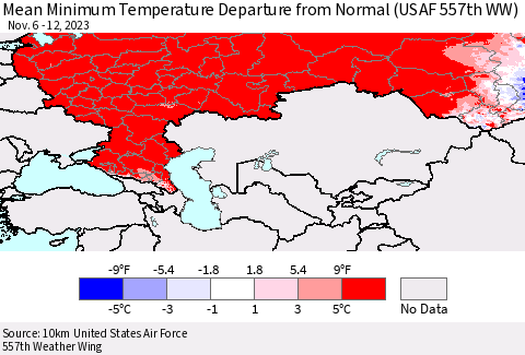 Russian Federation Mean Minimum Temperature Departure from Normal (USAF 557th WW) Thematic Map For 11/6/2023 - 11/12/2023