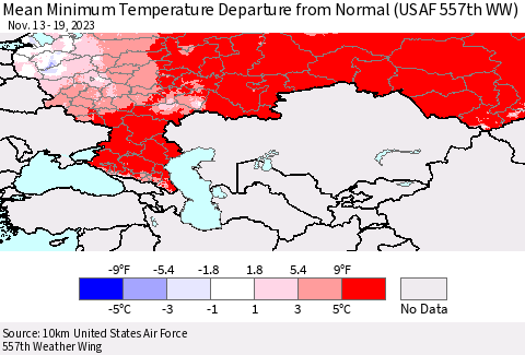 Russian Federation Mean Minimum Temperature Departure from Normal (USAF 557th WW) Thematic Map For 11/13/2023 - 11/19/2023