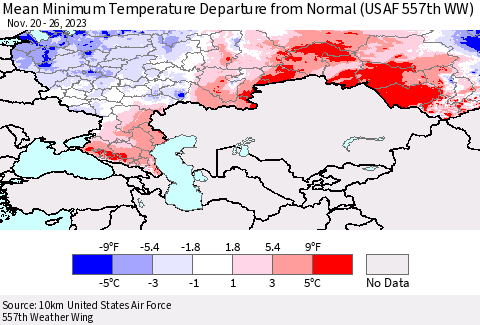 Russian Federation Mean Minimum Temperature Departure from Normal (USAF 557th WW) Thematic Map For 11/20/2023 - 11/26/2023