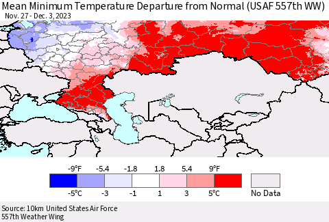 Russian Federation Mean Minimum Temperature Departure from Normal (USAF 557th WW) Thematic Map For 11/27/2023 - 12/3/2023