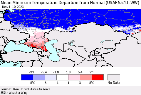 Russian Federation Mean Minimum Temperature Departure from Normal (USAF 557th WW) Thematic Map For 12/4/2023 - 12/10/2023