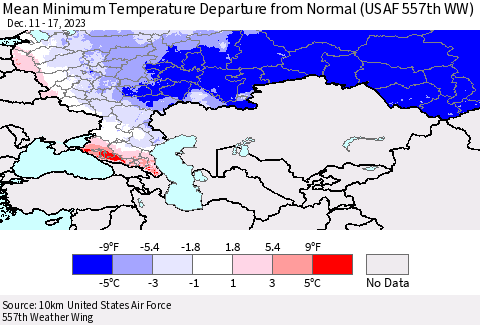 Russian Federation Mean Minimum Temperature Departure from Normal (USAF 557th WW) Thematic Map For 12/11/2023 - 12/17/2023