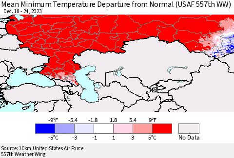 Russian Federation Mean Minimum Temperature Departure from Normal (USAF 557th WW) Thematic Map For 12/18/2023 - 12/24/2023
