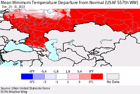 Russian Federation Mean Minimum Temperature Departure from Normal (USAF 557th WW) Thematic Map For 12/25/2023 - 12/31/2023