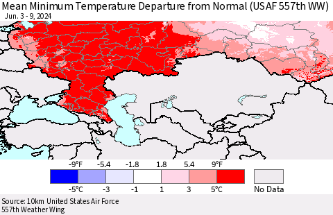 Russian Federation Mean Minimum Temperature Departure from Normal (USAF 557th WW) Thematic Map For 6/3/2024 - 6/9/2024