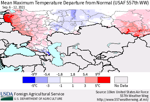 Russian Federation Mean Maximum Temperature Departure from Normal (USAF 557th WW) Thematic Map For 9/6/2021 - 9/12/2021