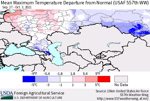 Russian Federation Mean Maximum Temperature Departure from Normal (USAF 557th WW) Thematic Map For 9/27/2021 - 10/3/2021