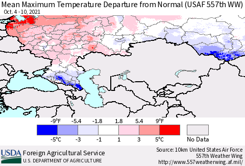 Russian Federation Mean Maximum Temperature Departure from Normal (USAF 557th WW) Thematic Map For 10/4/2021 - 10/10/2021