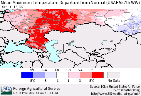 Russian Federation Mean Maximum Temperature Departure from Normal (USAF 557th WW) Thematic Map For 10/11/2021 - 10/17/2021