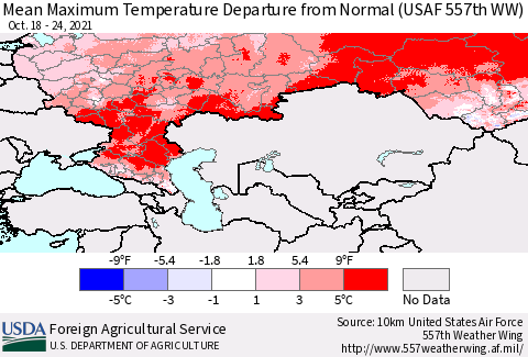 Russian Federation Mean Maximum Temperature Departure from Normal (USAF 557th WW) Thematic Map For 10/18/2021 - 10/24/2021