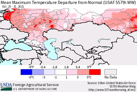 Russian Federation Mean Maximum Temperature Departure from Normal (USAF 557th WW) Thematic Map For 10/25/2021 - 10/31/2021