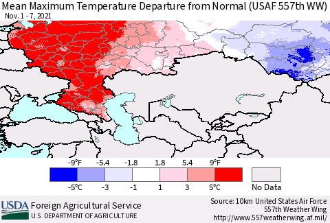 Russian Federation Mean Maximum Temperature Departure from Normal (USAF 557th WW) Thematic Map For 11/1/2021 - 11/7/2021