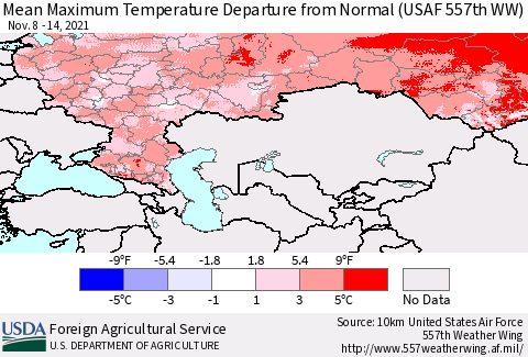 Russian Federation Mean Maximum Temperature Departure from Normal (USAF 557th WW) Thematic Map For 11/8/2021 - 11/14/2021