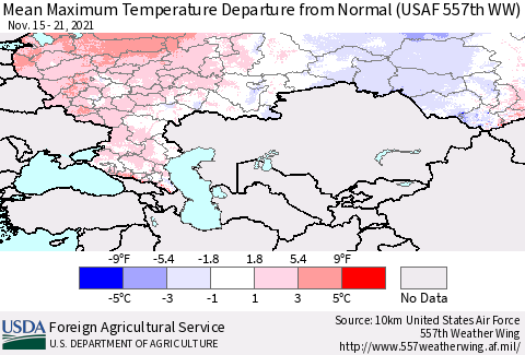 Russian Federation Mean Maximum Temperature Departure from Normal (USAF 557th WW) Thematic Map For 11/15/2021 - 11/21/2021
