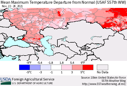 Russian Federation Mean Maximum Temperature Departure from Normal (USAF 557th WW) Thematic Map For 11/22/2021 - 11/28/2021