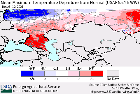Russian Federation Mean Maximum Temperature Departure from Normal (USAF 557th WW) Thematic Map For 12/6/2021 - 12/12/2021