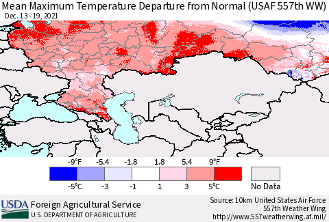 Russian Federation Mean Maximum Temperature Departure from Normal (USAF 557th WW) Thematic Map For 12/13/2021 - 12/19/2021