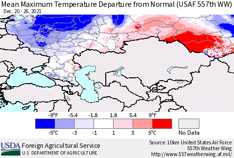 Russian Federation Mean Maximum Temperature Departure from Normal (USAF 557th WW) Thematic Map For 12/20/2021 - 12/26/2021