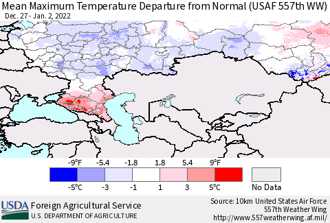 Russian Federation Mean Maximum Temperature Departure from Normal (USAF 557th WW) Thematic Map For 12/27/2021 - 1/2/2022