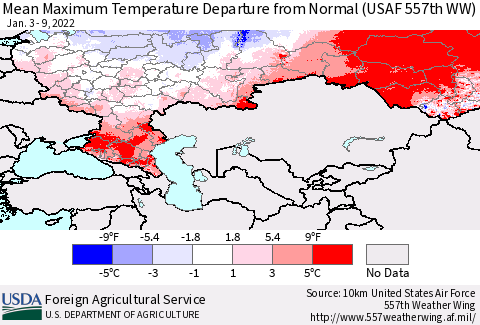 Russian Federation Mean Maximum Temperature Departure from Normal (USAF 557th WW) Thematic Map For 1/3/2022 - 1/9/2022