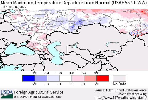 Russian Federation Mean Maximum Temperature Departure from Normal (USAF 557th WW) Thematic Map For 1/10/2022 - 1/16/2022