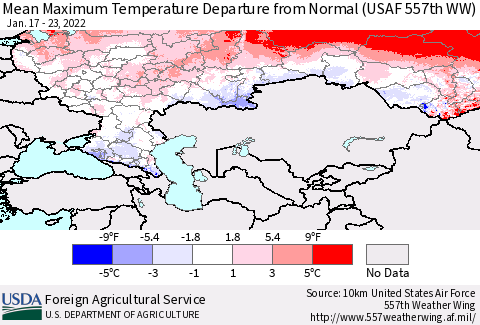 Russian Federation Mean Maximum Temperature Departure from Normal (USAF 557th WW) Thematic Map For 1/17/2022 - 1/23/2022