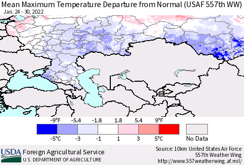 Russian Federation Mean Maximum Temperature Departure from Normal (USAF 557th WW) Thematic Map For 1/24/2022 - 1/30/2022