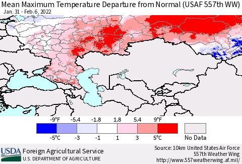 Russian Federation Mean Maximum Temperature Departure from Normal (USAF 557th WW) Thematic Map For 1/31/2022 - 2/6/2022