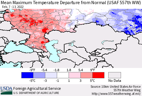 Russian Federation Mean Maximum Temperature Departure from Normal (USAF 557th WW) Thematic Map For 2/7/2022 - 2/13/2022