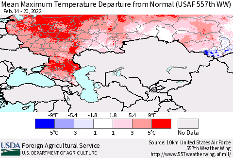 Russian Federation Mean Maximum Temperature Departure from Normal (USAF 557th WW) Thematic Map For 2/14/2022 - 2/20/2022