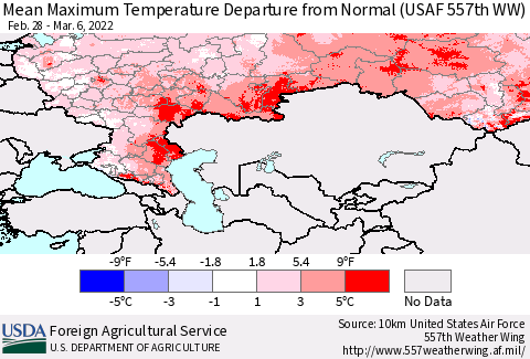 Russian Federation Mean Maximum Temperature Departure from Normal (USAF 557th WW) Thematic Map For 2/28/2022 - 3/6/2022