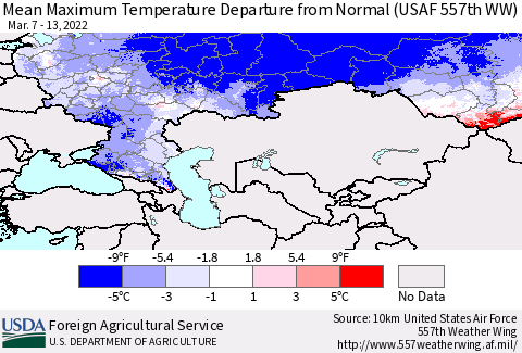 Russian Federation Mean Maximum Temperature Departure from Normal (USAF 557th WW) Thematic Map For 3/7/2022 - 3/13/2022