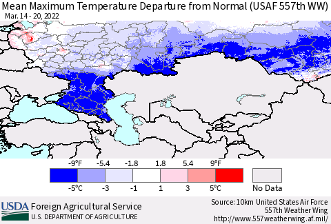 Russian Federation Mean Maximum Temperature Departure from Normal (USAF 557th WW) Thematic Map For 3/14/2022 - 3/20/2022