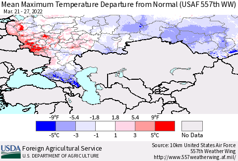 Russian Federation Mean Maximum Temperature Departure from Normal (USAF 557th WW) Thematic Map For 3/21/2022 - 3/27/2022