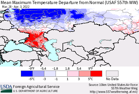 Russian Federation Mean Maximum Temperature Departure from Normal (USAF 557th WW) Thematic Map For 3/28/2022 - 4/3/2022