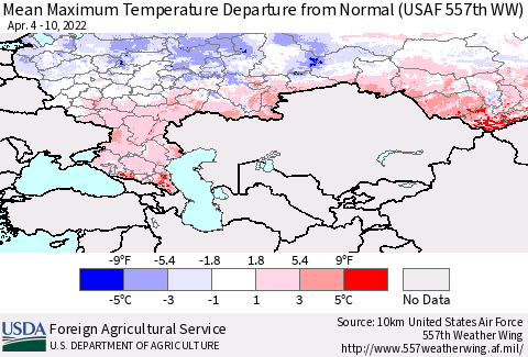 Russian Federation Mean Maximum Temperature Departure from Normal (USAF 557th WW) Thematic Map For 4/4/2022 - 4/10/2022