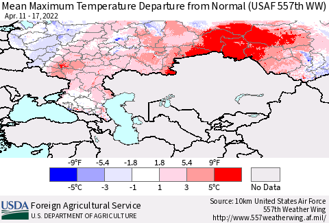 Russian Federation Mean Maximum Temperature Departure from Normal (USAF 557th WW) Thematic Map For 4/11/2022 - 4/17/2022