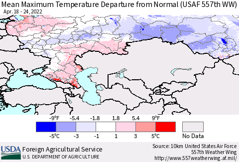 Russian Federation Mean Maximum Temperature Departure from Normal (USAF 557th WW) Thematic Map For 4/18/2022 - 4/24/2022