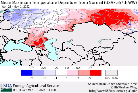 Russian Federation Mean Maximum Temperature Departure from Normal (USAF 557th WW) Thematic Map For 4/25/2022 - 5/1/2022