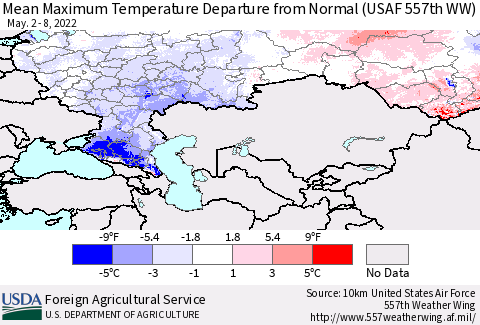 Russian Federation Mean Maximum Temperature Departure from Normal (USAF 557th WW) Thematic Map For 5/2/2022 - 5/8/2022