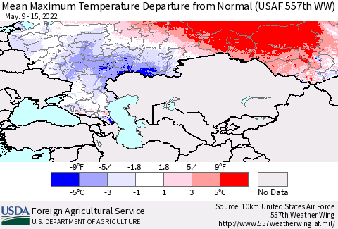 Russian Federation Mean Maximum Temperature Departure from Normal (USAF 557th WW) Thematic Map For 5/9/2022 - 5/15/2022